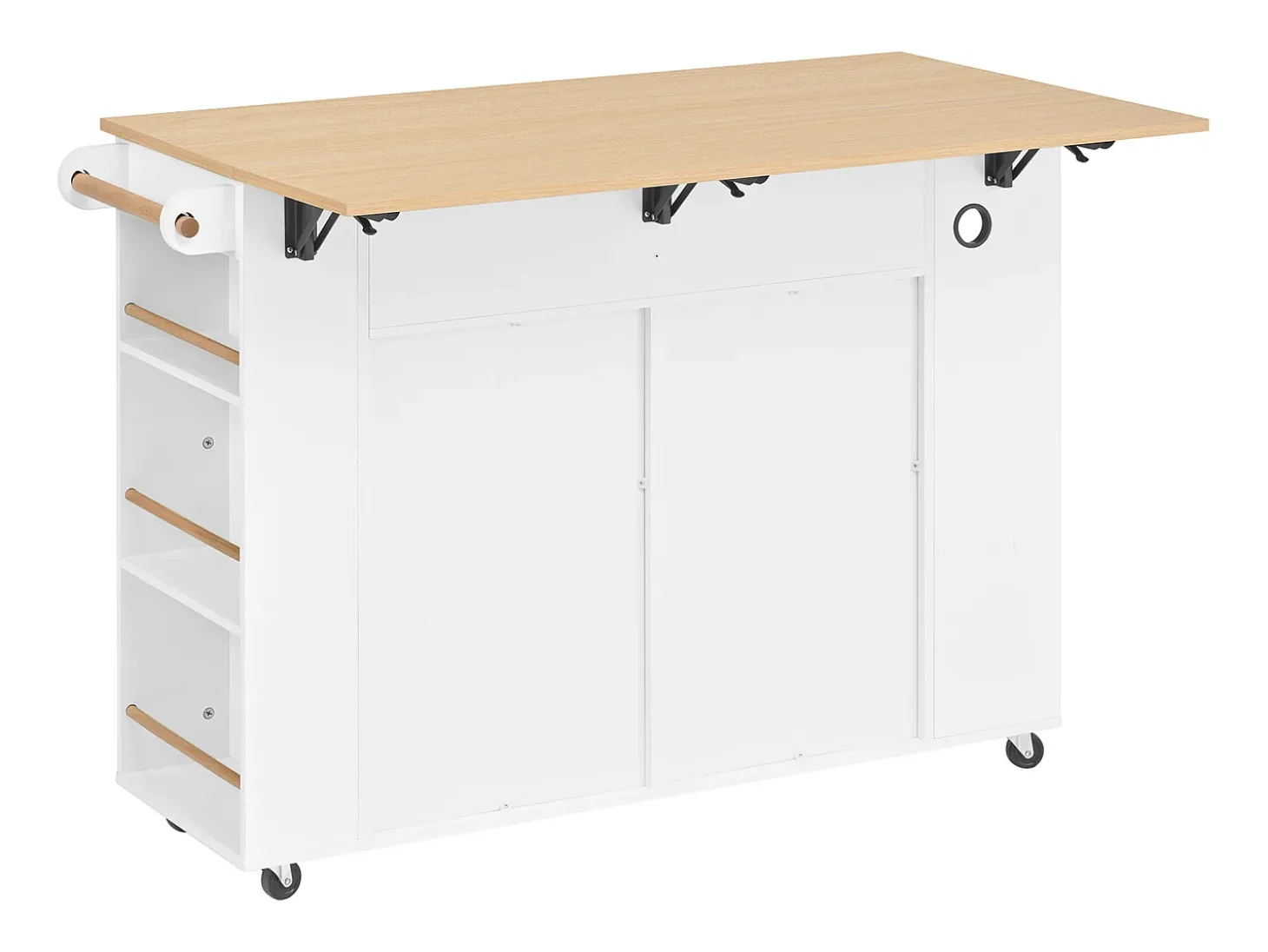 Isla de cocina negra con ruedas, 2 cajones y toma de corriente - Carro de servicio blanco con superficie extensible 120x40-70 cm