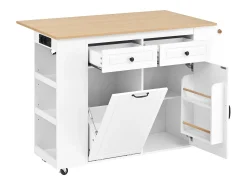 Isla de cocina negra con ruedas, 2 cajones y toma de corriente - Carro de servicio blanco con superficie extensible 120x40-70 cm
