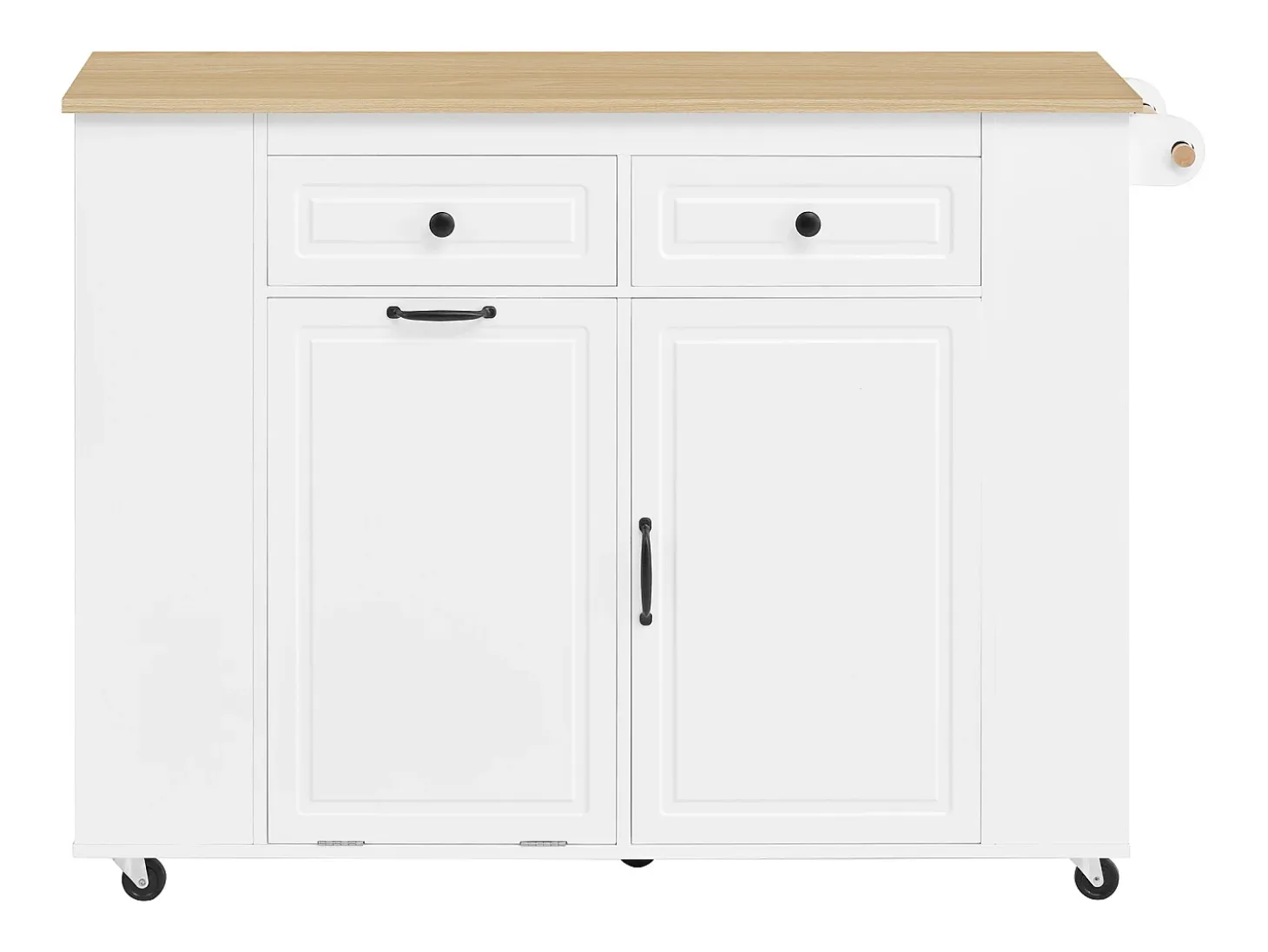 Isla de cocina negra con ruedas, 2 cajones y toma de corriente - Carro de servicio blanco con superficie extensible 120x40-70 cm