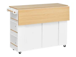 Isla de cocina negra con ruedas, 2 cajones y toma de corriente - Carro de servicio blanco con superficie extensible 120x40-70 cm