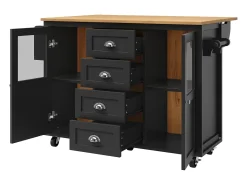 Isla de cocina negra, isla de cocina móvil con 2 puertas y 4 cajones, encimera abatible - tiradores plateados