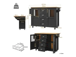 Isla de cocina negra, isla de cocina móvil con 2 puertas y 4 cajones, encimera abatible - tiradores plateados