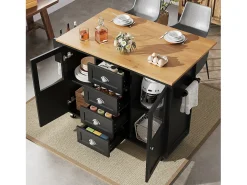 Isla de cocina negra, isla de cocina móvil con 2 puertas y 4 cajones, encimera abatible - tiradores plateados