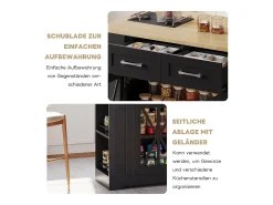 Isla de cocina portátil - 120 x 40/65 x 92 cm - con mesa plegable + puertas de cristal + 2 cajones + toma de corriente + puerto USB - MDF - negro + natural