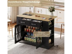 Isla de cocina portátil - 120 x 40/65 x 92 cm - con mesa plegable + puertas de cristal + 2 cajones + toma de corriente + puerto USB - MDF - negro + natural