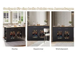 Isla de cocina portátil - 120 x 40/65 x 92 cm - con mesa plegable + puertas de cristal + 2 cajones + toma de corriente + puerto USB - MDF - negro + natural