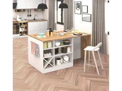 Isla de cocina Sole con 1 puerta, 2 cajones y 6 compartimentos, blanco brillo/roble, 153 x 90 x 91 cm