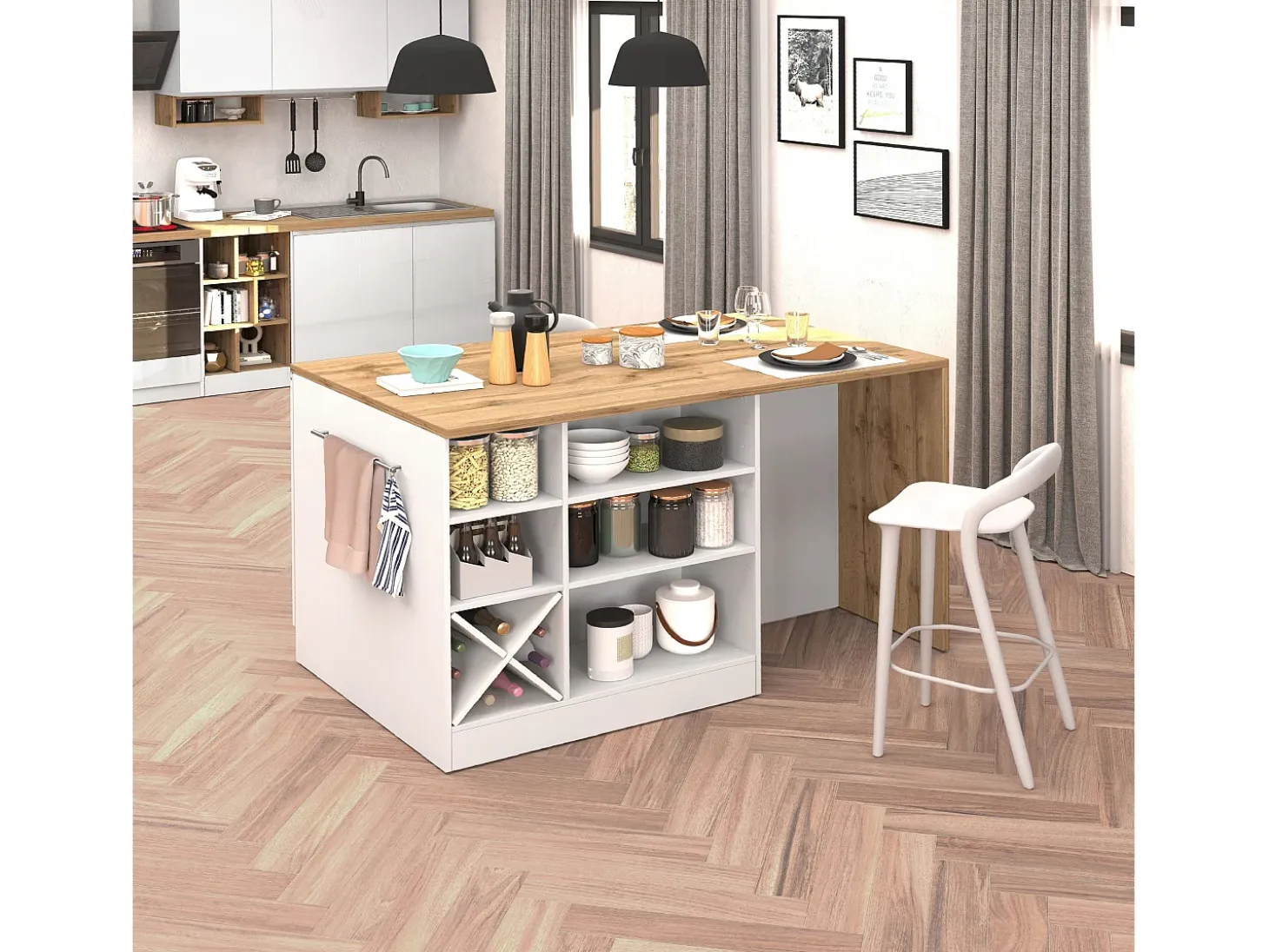 Isla de cocina Sole con 1 puerta, 2 cajones y 6 compartimentos, blanco brillo/roble, 153 x 90 x 91 cm