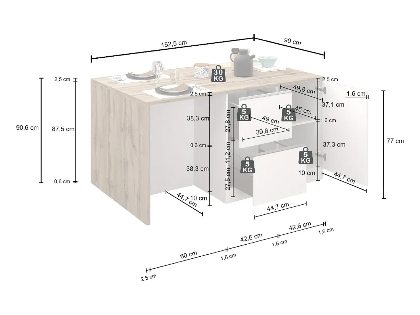 Isla de cocina Sole con 1 puerta, 2 cajones y 6 compartimentos, blanco brillo/roble, 153 x 90 x 91 cm