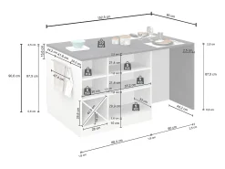 Isla de cocina Sole con 1 puerta, 2 cajones y 6 compartimentos, blanco brillo/roble, 153 x 90 x 91 cm
