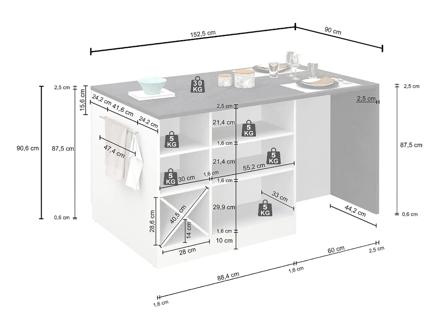 Isla de cocina Sole con 1 puerta, 2 cajones y 6 compartimentos, blanco brillo/roble, 153 x 90 x 91 cm
