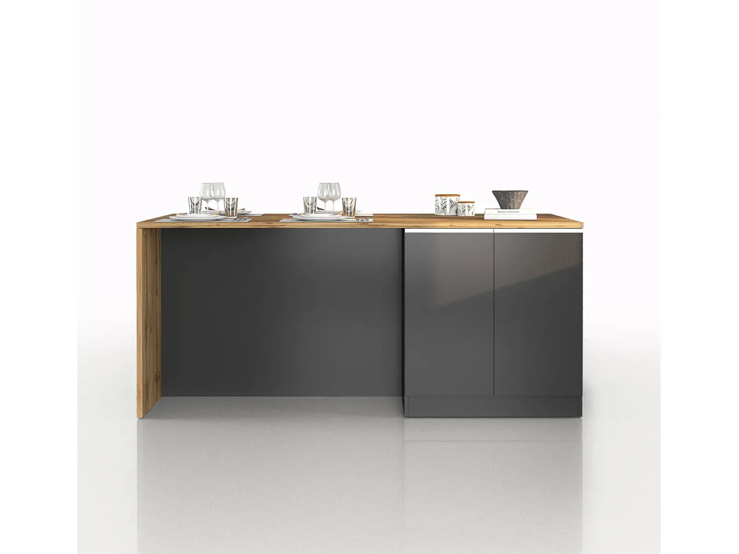 Isla de cocina Sole con 4 puertas, color antracita mate/roble, 200 x 90 x 90 cm