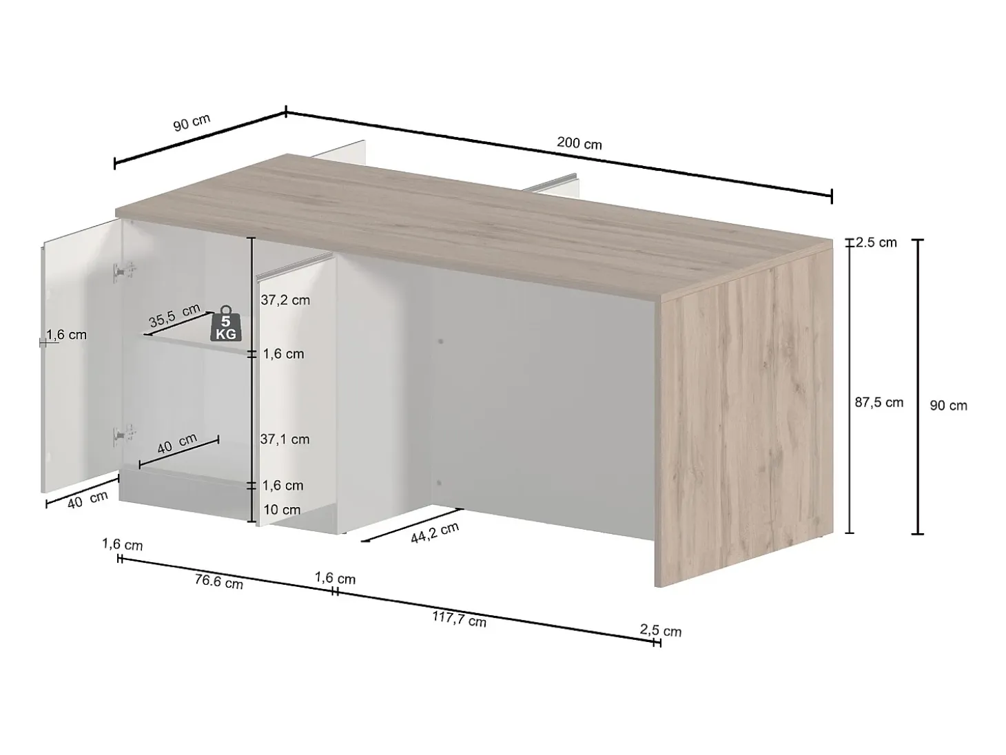 Isla de cocina Sole con 4 puertas, color antracita mate/roble, 200 x 90 x 90 cm