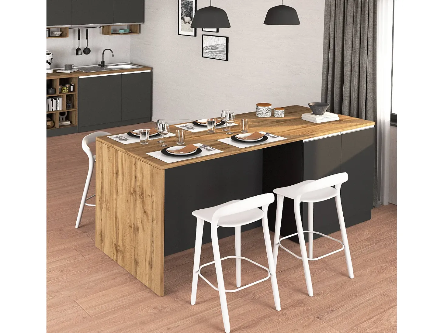 Isla de cocina Sole con 4 puertas, color antracita mate/roble, 200 x 90 x 90 cm