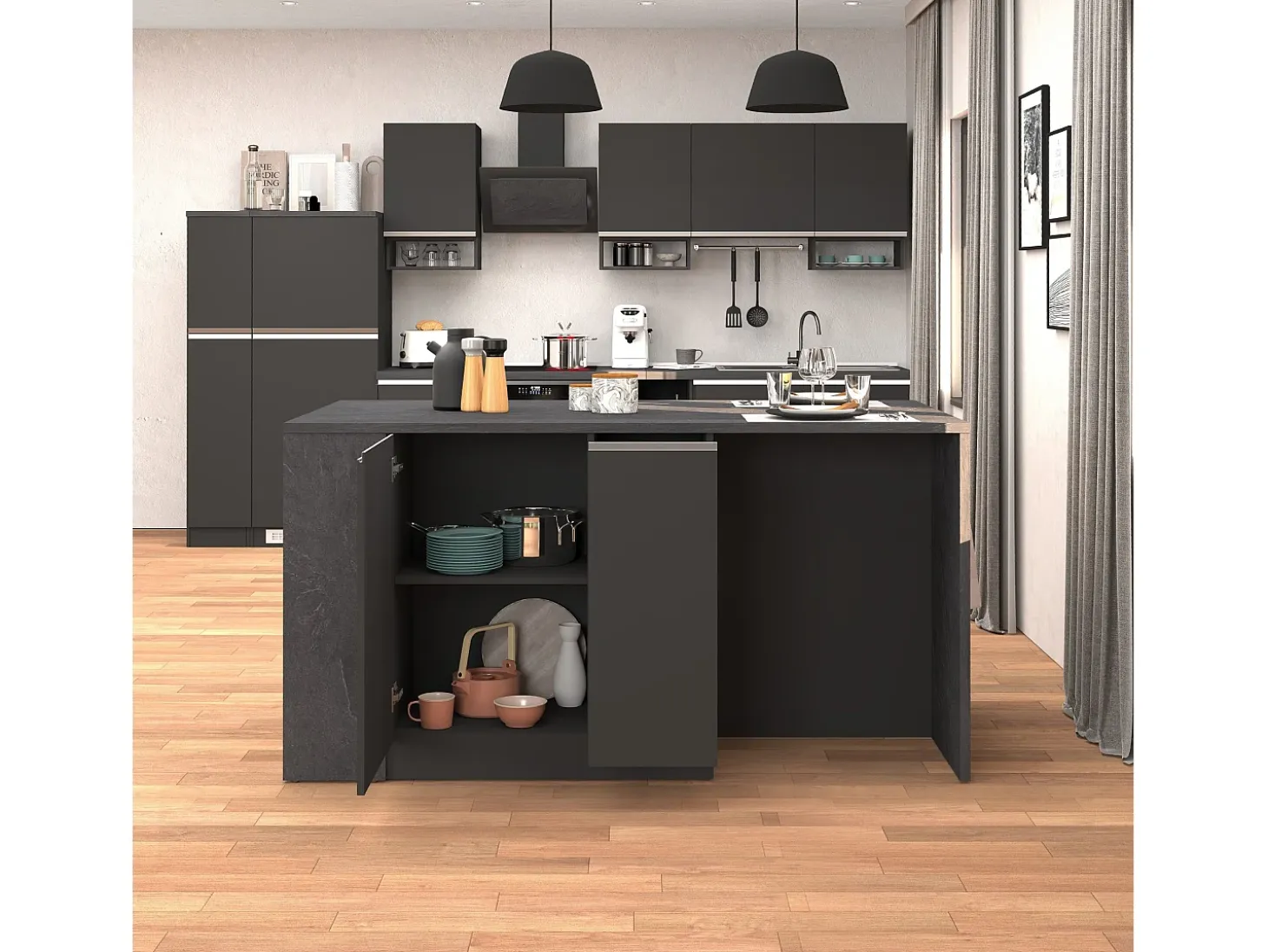 Isla de cocina Sole con 2 puertas, 2 cajones y 1 estante, color antracita mate/report, 168 x 90 x 91 cm