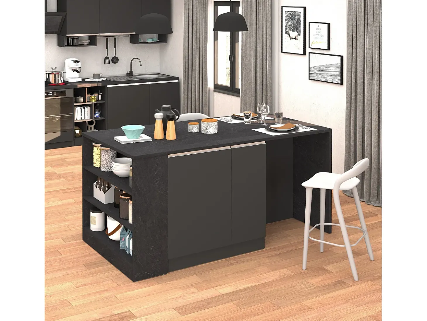 Isla de cocina Sole con 2 puertas, 2 cajones y 1 estante, color antracita mate/report, 168 x 90 x 91 cm