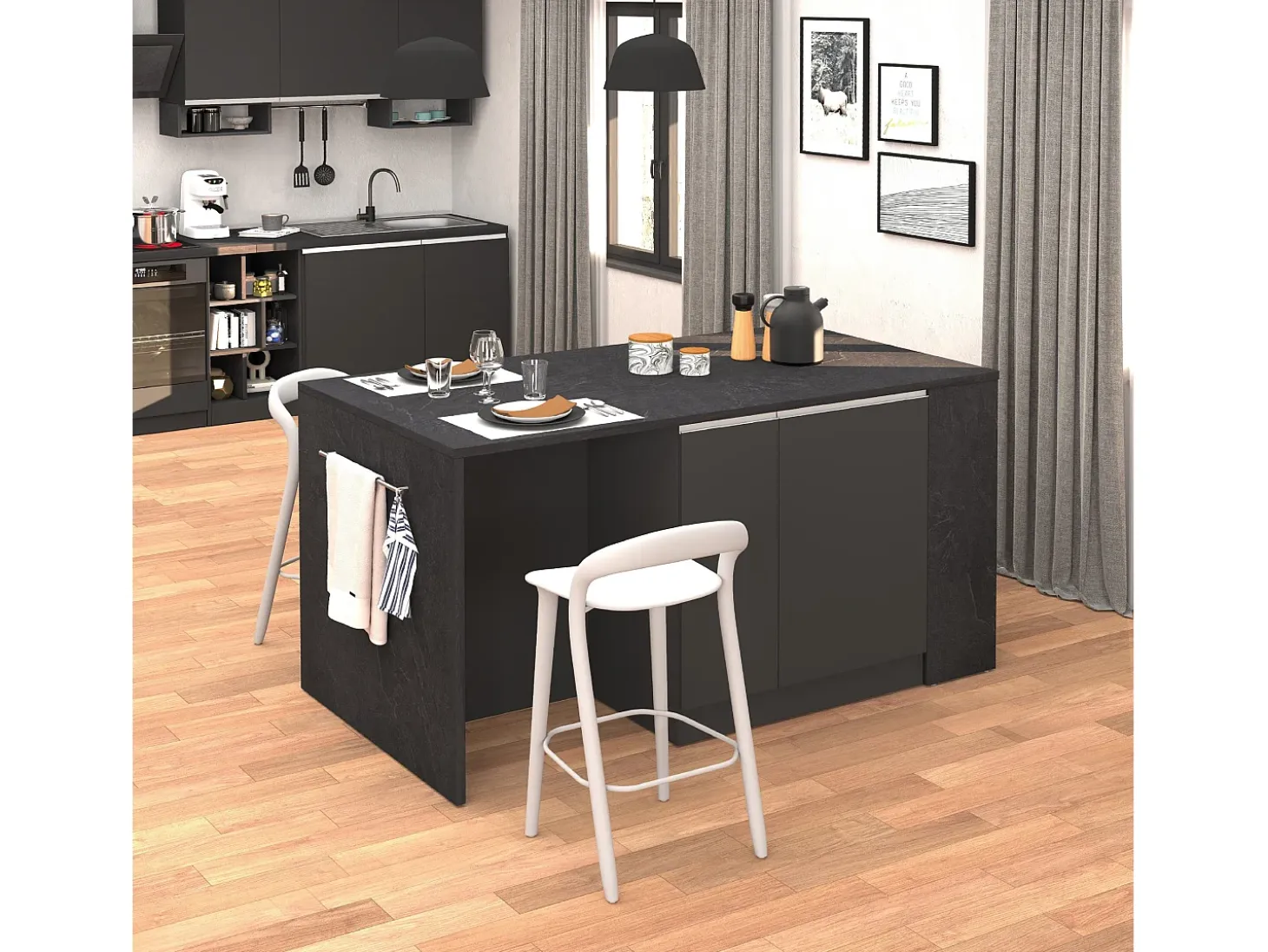 Isla de cocina Sole con 2 puertas, 2 cajones y 1 estante, color antracita mate/report, 168 x 90 x 91 cm