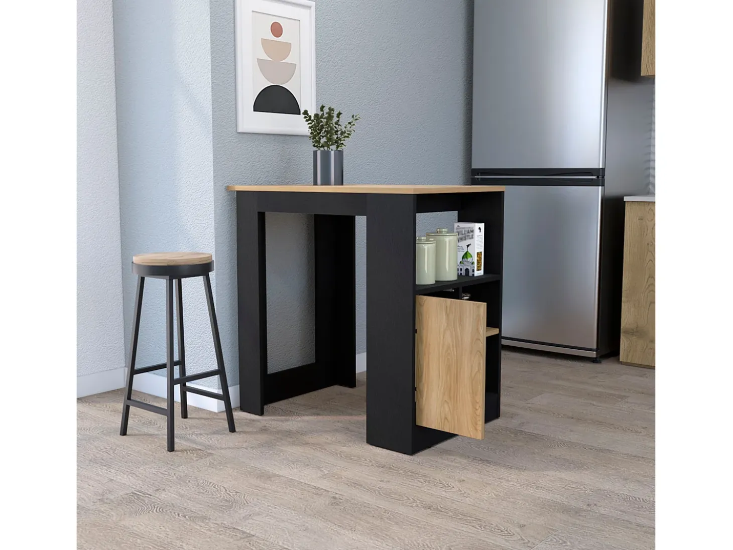 Isla de cocina Stirling en melamina con 3 estantes y puerta de almacenamiento inferior , Negro / Beige , 91.3 cm X 92 cm X 59 cm