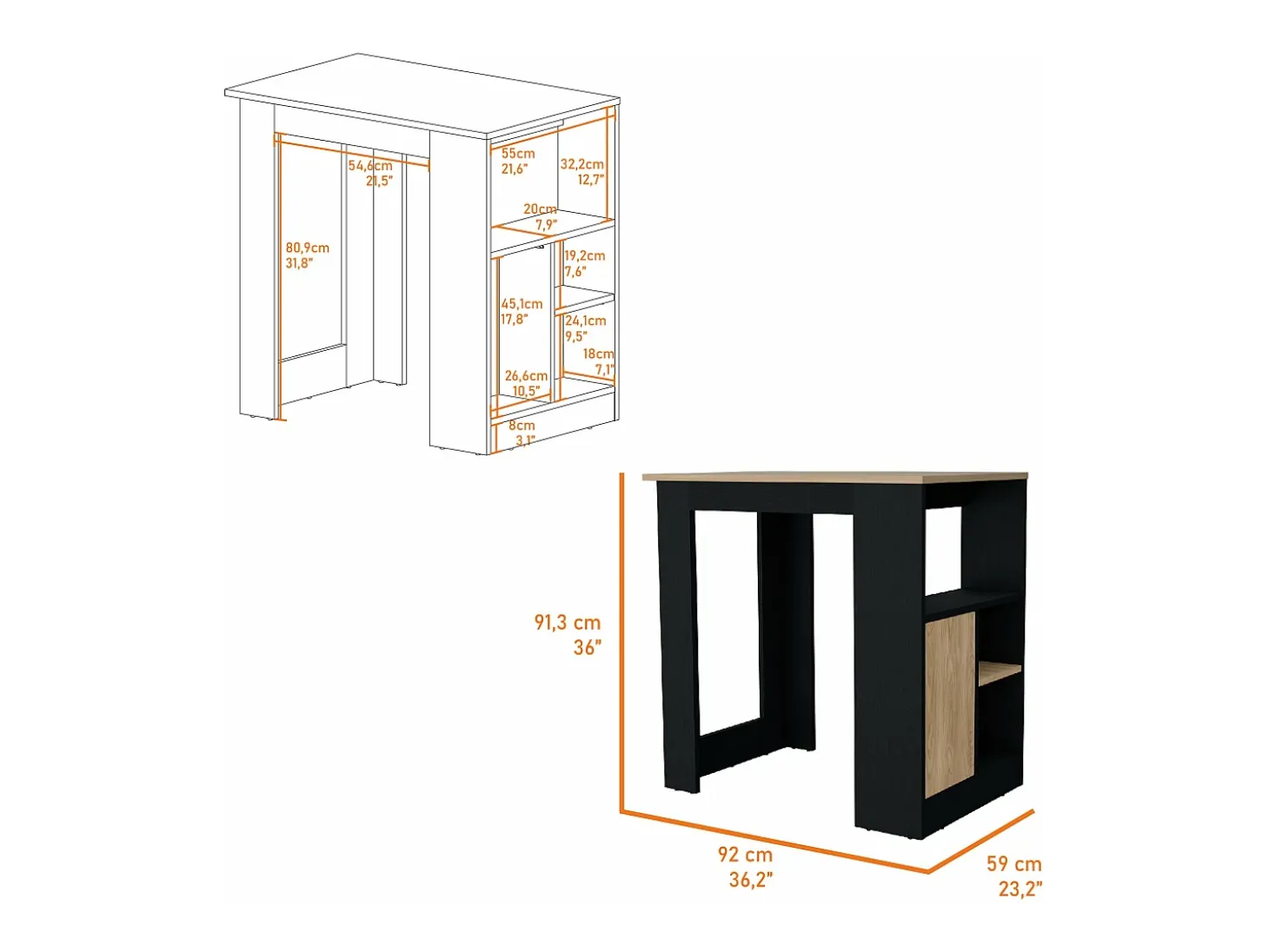Isla de cocina Stirling en melamina con 3 estantes y puerta de almacenamiento inferior , Negro / Beige , 91.3 cm X 92 cm X 59 cm