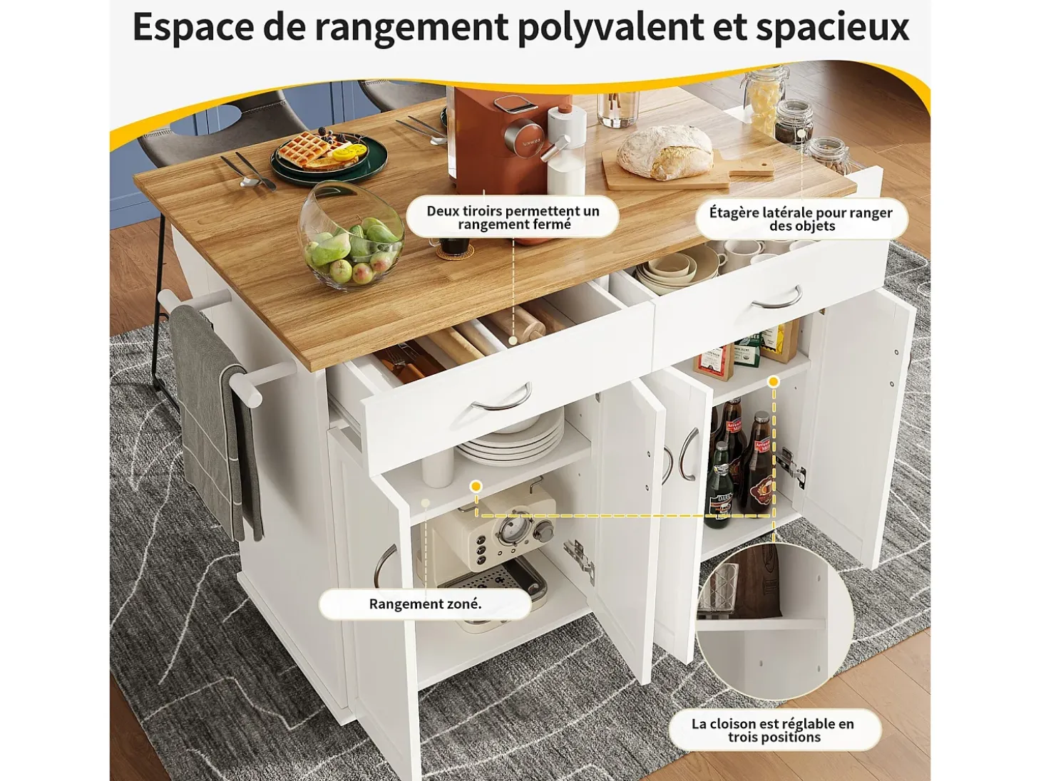 Isla de la cocina central en paneles MDF, con almacenamiento, ruedas giratorias, mesa plegable, 106x50/78x90.5cm, blanco