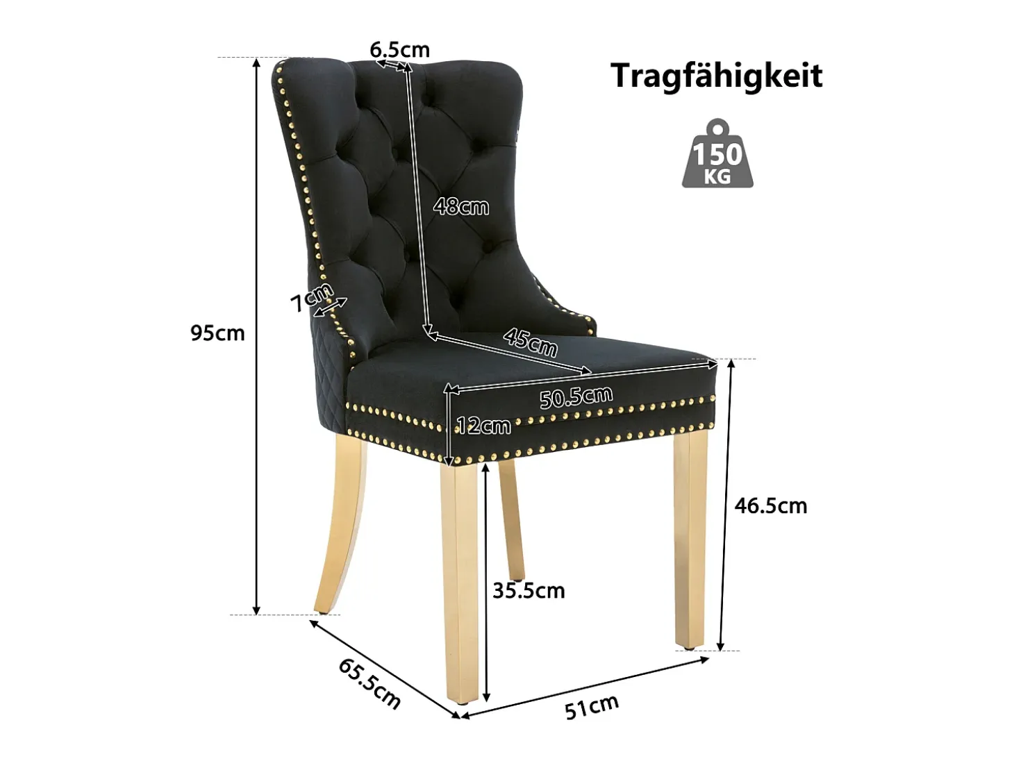 Juego 4 sillas negro/dorado terciopelo, respaldo con anillos y tachuelas. Patas acero dorado, asiento tapizado. Lujo y confort.