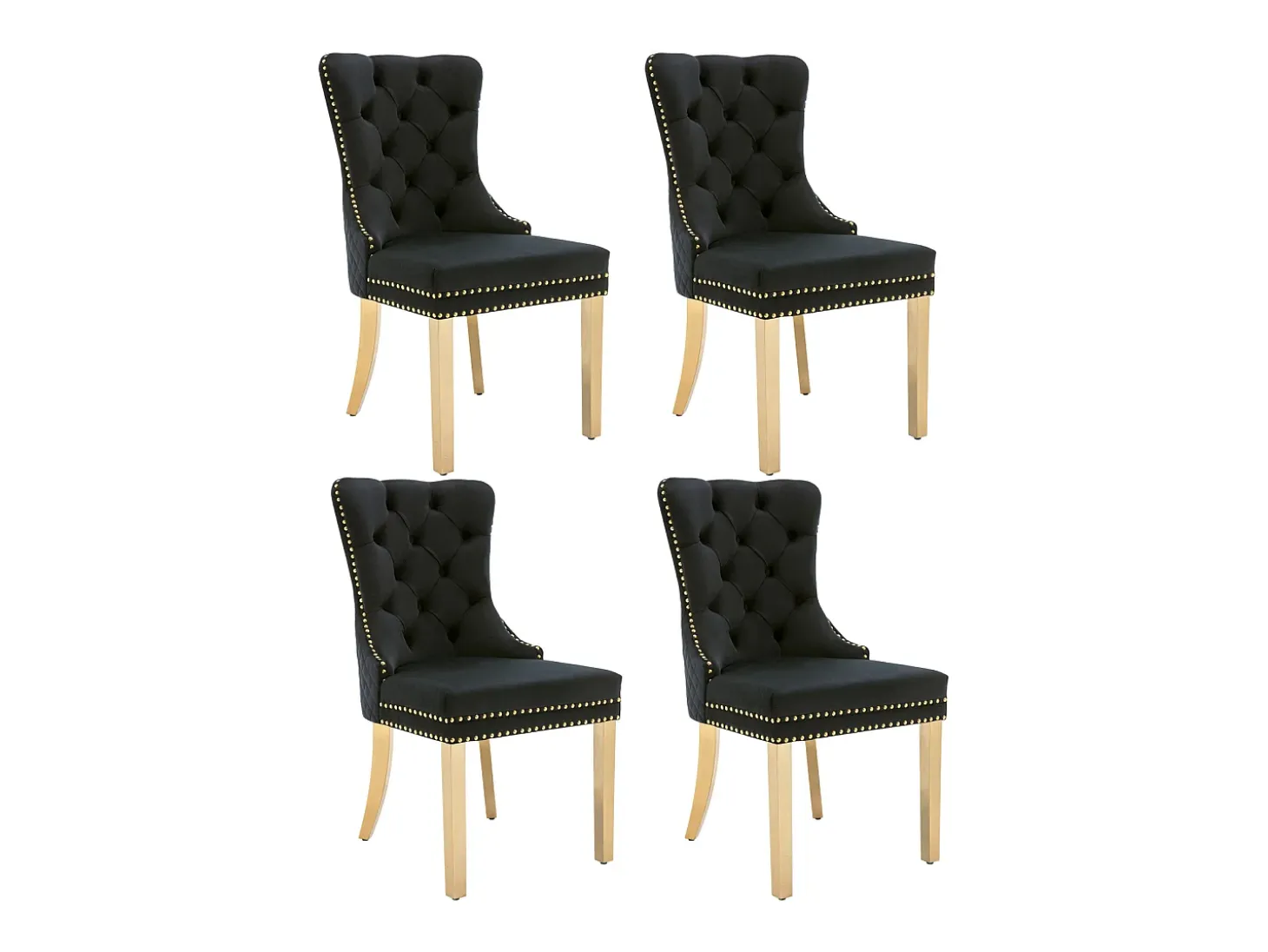 Juego 4 sillas negro/dorado terciopelo, respaldo con anillos y tachuelas. Patas acero dorado, asiento tapizado. Lujo y confort.