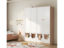 Juego de 2 armarios infantiles 160x50x200 cm - con barras para colgar ropa - con camas para gatos - 4 puertas - blanco + natural