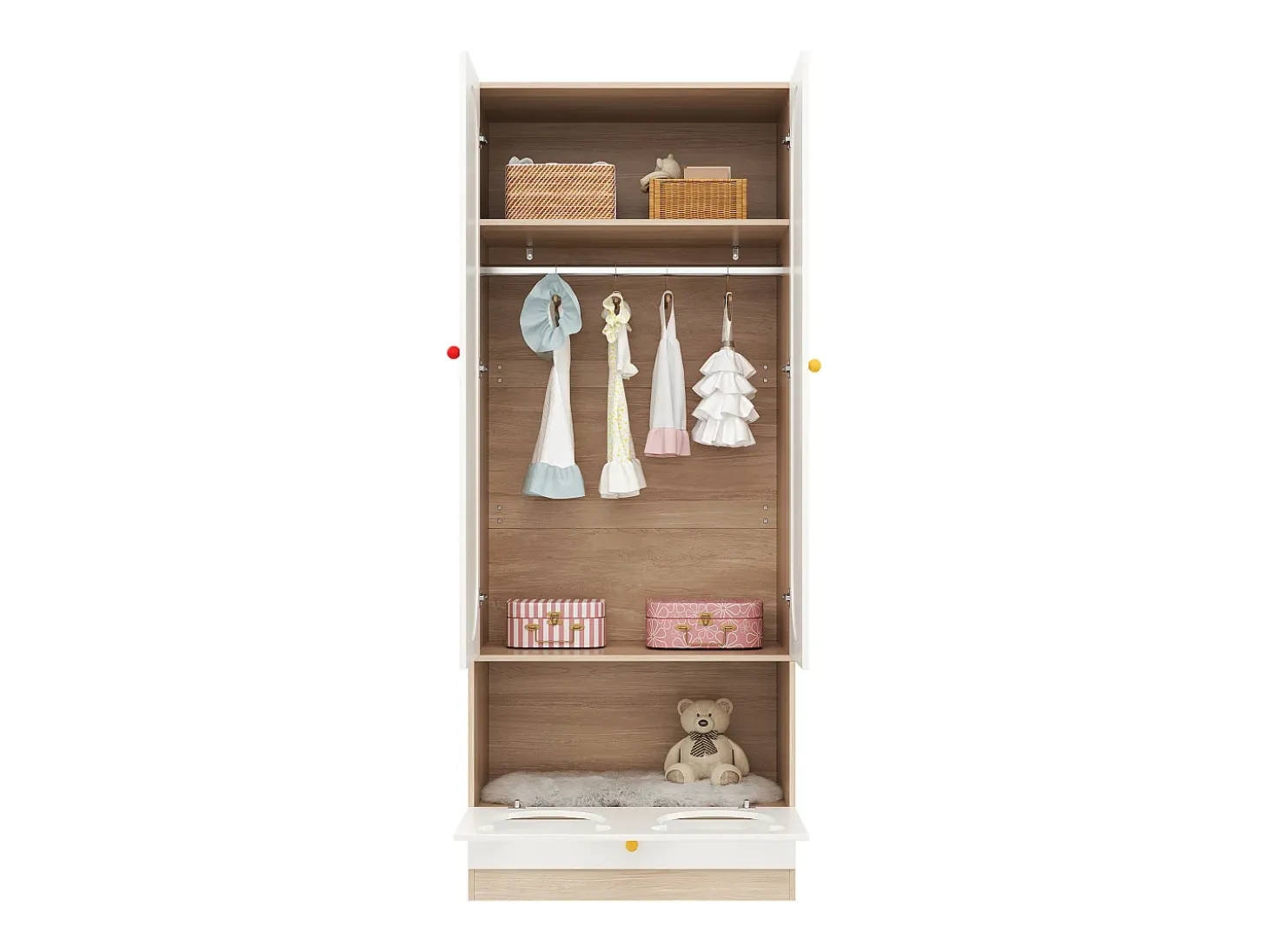 Juego de 2 armarios infantiles 160x50x200 cm - con barras para colgar ropa - con camas para gatos - 4 puertas - blanco + natural