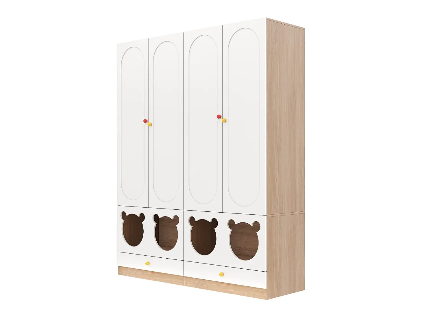 Juego de 2 armarios infantiles 160x50x200 cm - con barras para colgar ropa - con camas para gatos - 4 puertas - blanco + natural