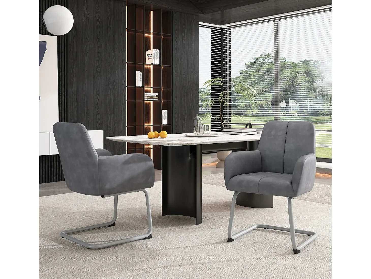 Juego de 6 elegantes sillas de comedor con reposabrazos, piel sintética, patas de metal curvadas, color gris (56 x 56 x 76 cm)