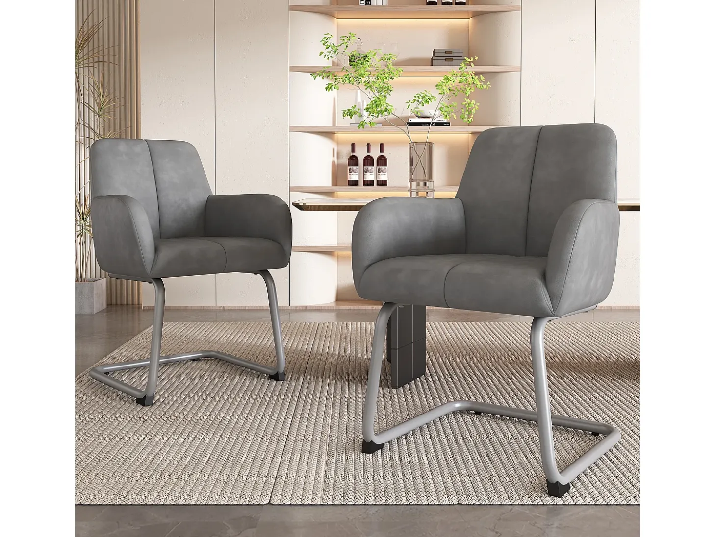 Juego de 6 elegantes sillas de comedor con reposabrazos, piel sintética, patas de metal curvadas, color gris (56 x 56 x 76 cm)