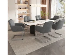 Juego de 6 elegantes sillas de comedor con reposabrazos, piel sintética, patas de metal curvadas, color gris (56 x 56 x 76 cm)