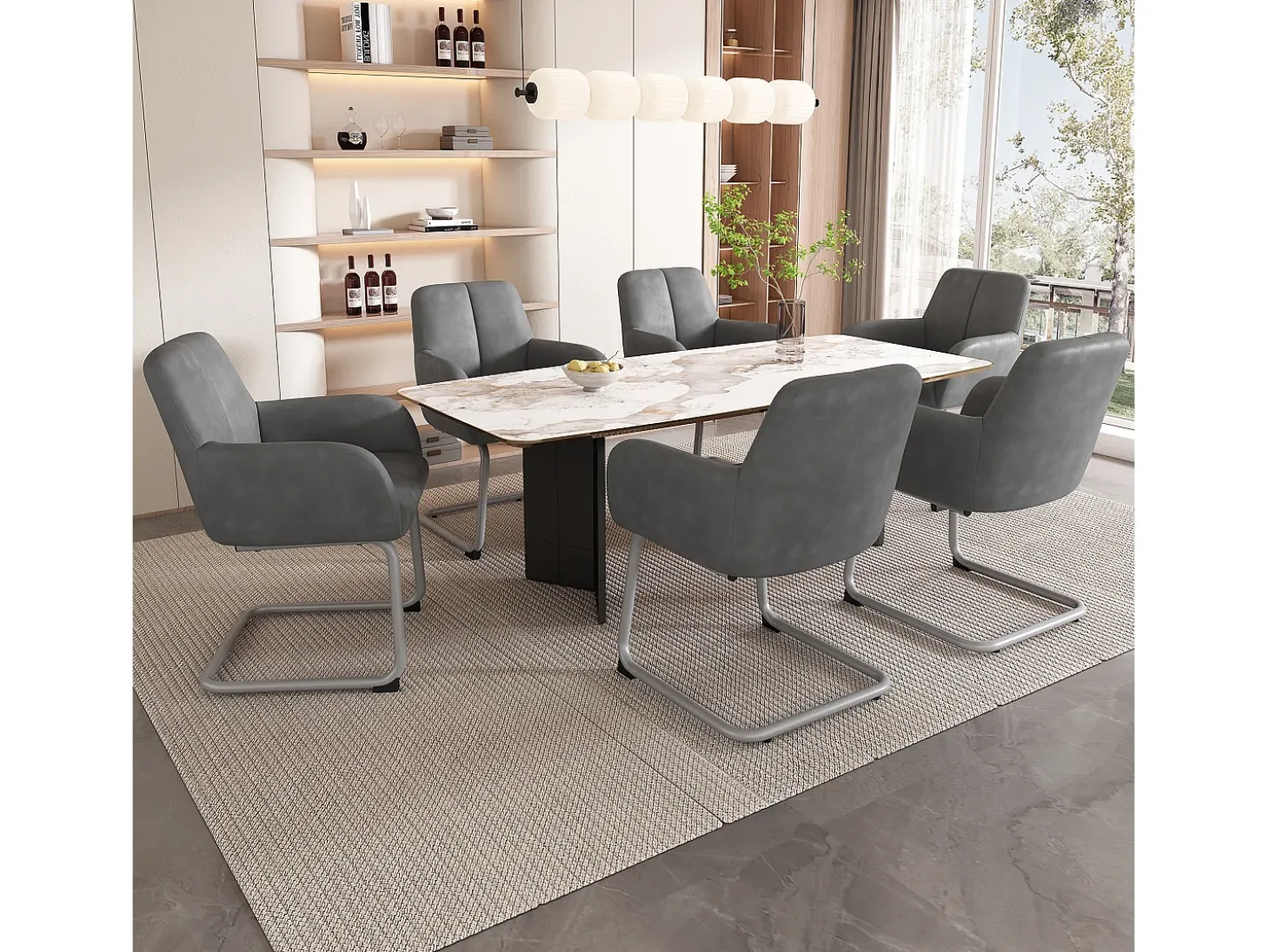 Juego de 6 elegantes sillas de comedor con reposabrazos, piel sintética, patas de metal curvadas, color gris (56 x 56 x 76 cm)