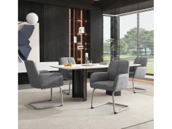 Juego de 6 elegantes sillas de comedor con reposabrazos, piel sintética, patas de metal curvadas, color gris (56 x 56 x 76 cm)