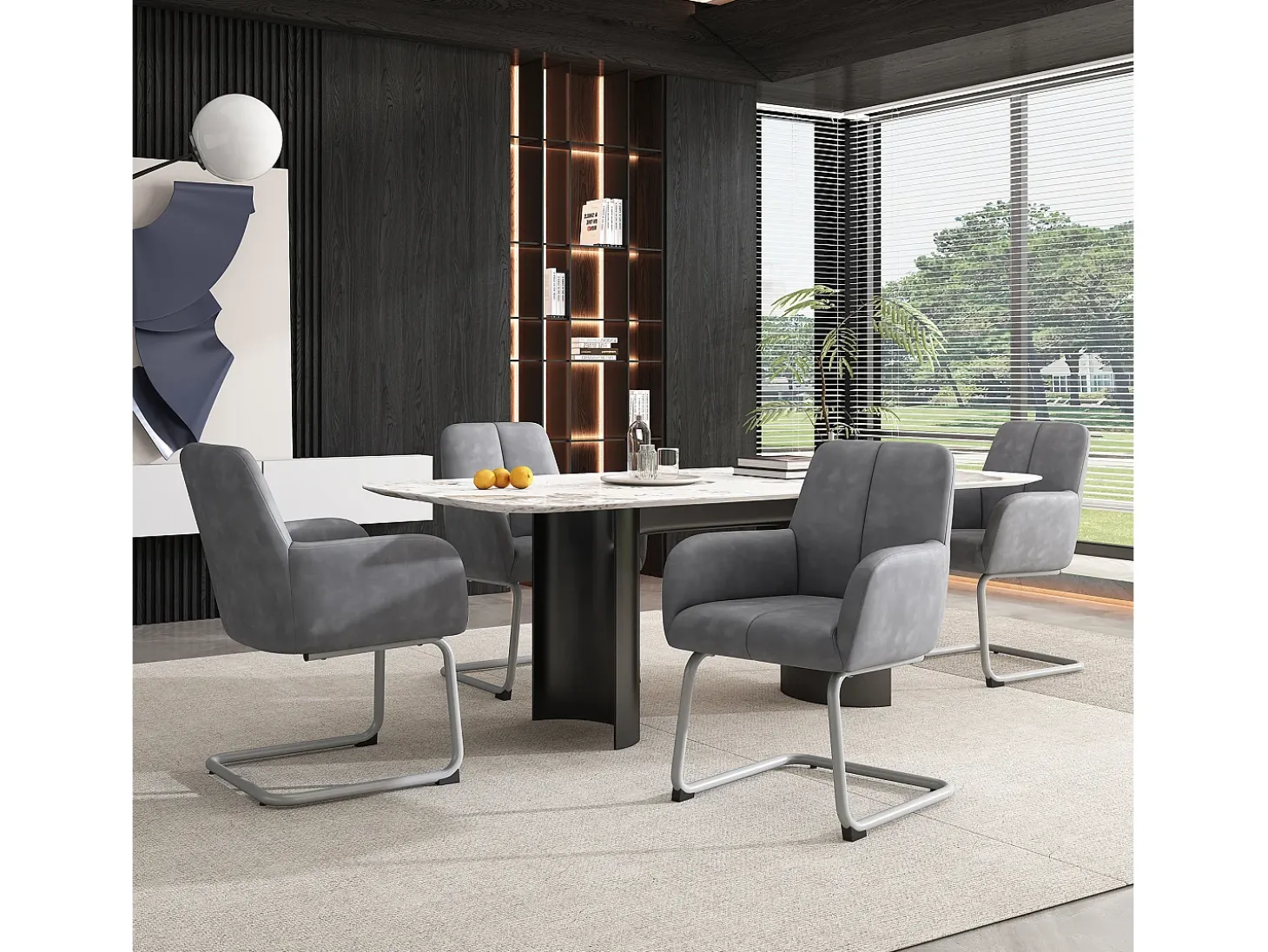 Juego de 6 elegantes sillas de comedor con reposabrazos, piel sintética, patas de metal curvadas, color gris (56 x 56 x 76 cm)