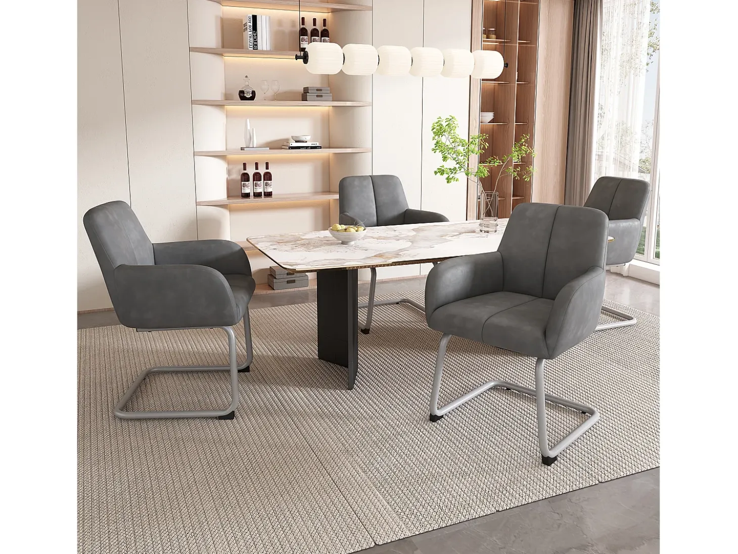 Juego de 6 elegantes sillas de comedor con reposabrazos, piel sintética, patas de metal curvadas, color gris (56 x 56 x 76 cm)