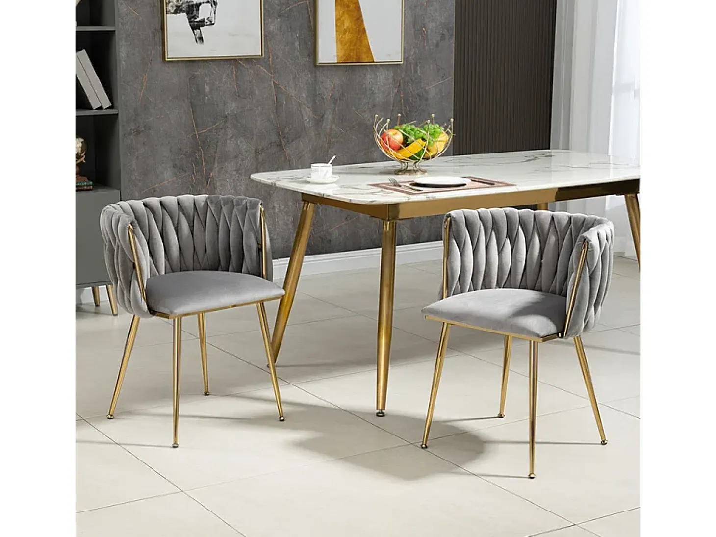 Juego de 2 Silla en terciopelo gris - patas de metal con patines antideslizantes - 54x52x72cm
