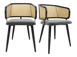 Juego de 6 sillas - Respaldo de ratán y cojín de asiento de terciopelo - patas de metal - Negro+Natural