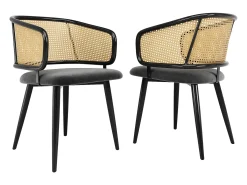 Juego de 6 sillas - Respaldo de ratán y cojín de asiento de terciopelo - patas de metal - Negro+Natural