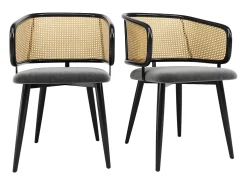 Juego de 6 sillas - Respaldo de ratán y cojín de asiento de terciopelo - patas de metal - Negro+Natural