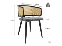 Juego de 6 sillas - Respaldo de ratán y cojín de asiento de terciopelo - patas de metal - Negro+Natural