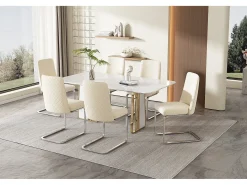 Juego de 6 sillas cantilever de terciopelo - respaldo con diseño de rombos - base de metal plateado - Beige