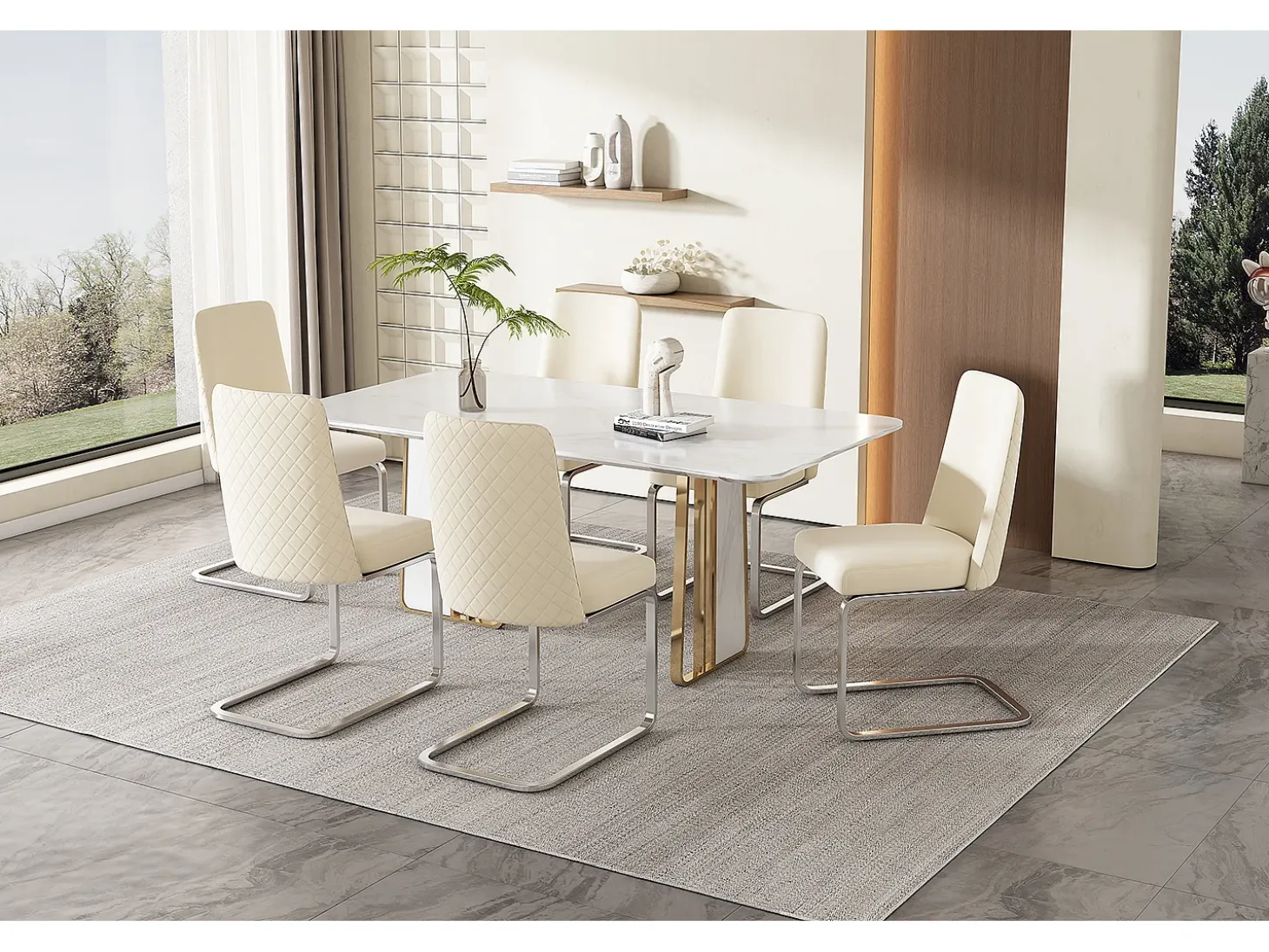 Juego de 6 sillas cantilever de terciopelo - respaldo con diseño de rombos - base de metal plateado - Beige