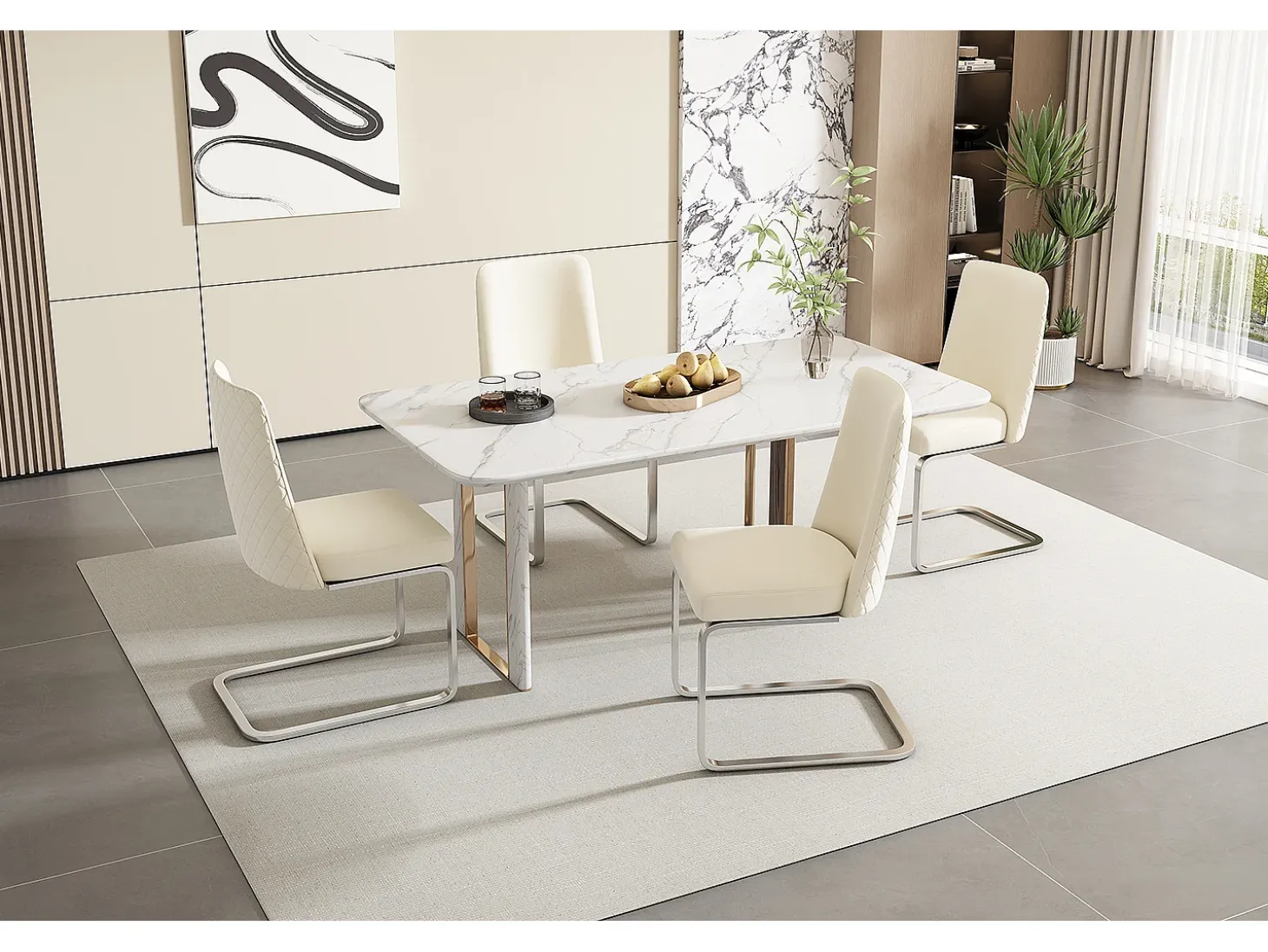 Juego de 4 sillas cantilever de terciopelo - respaldo con diseño de rombos - base de metal plateado - Beige