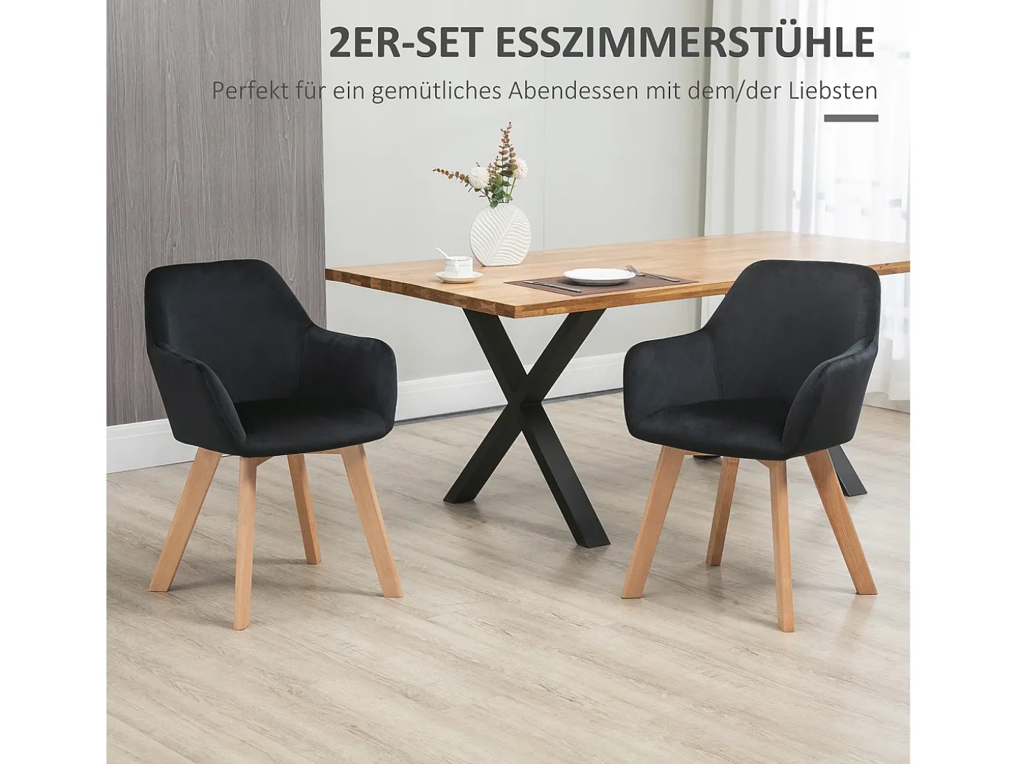Juego de 2 sillas de cocina ergonómicas con reposabrazos y respaldo alargados, hasta 120 kg, poliéster y madera, color negro