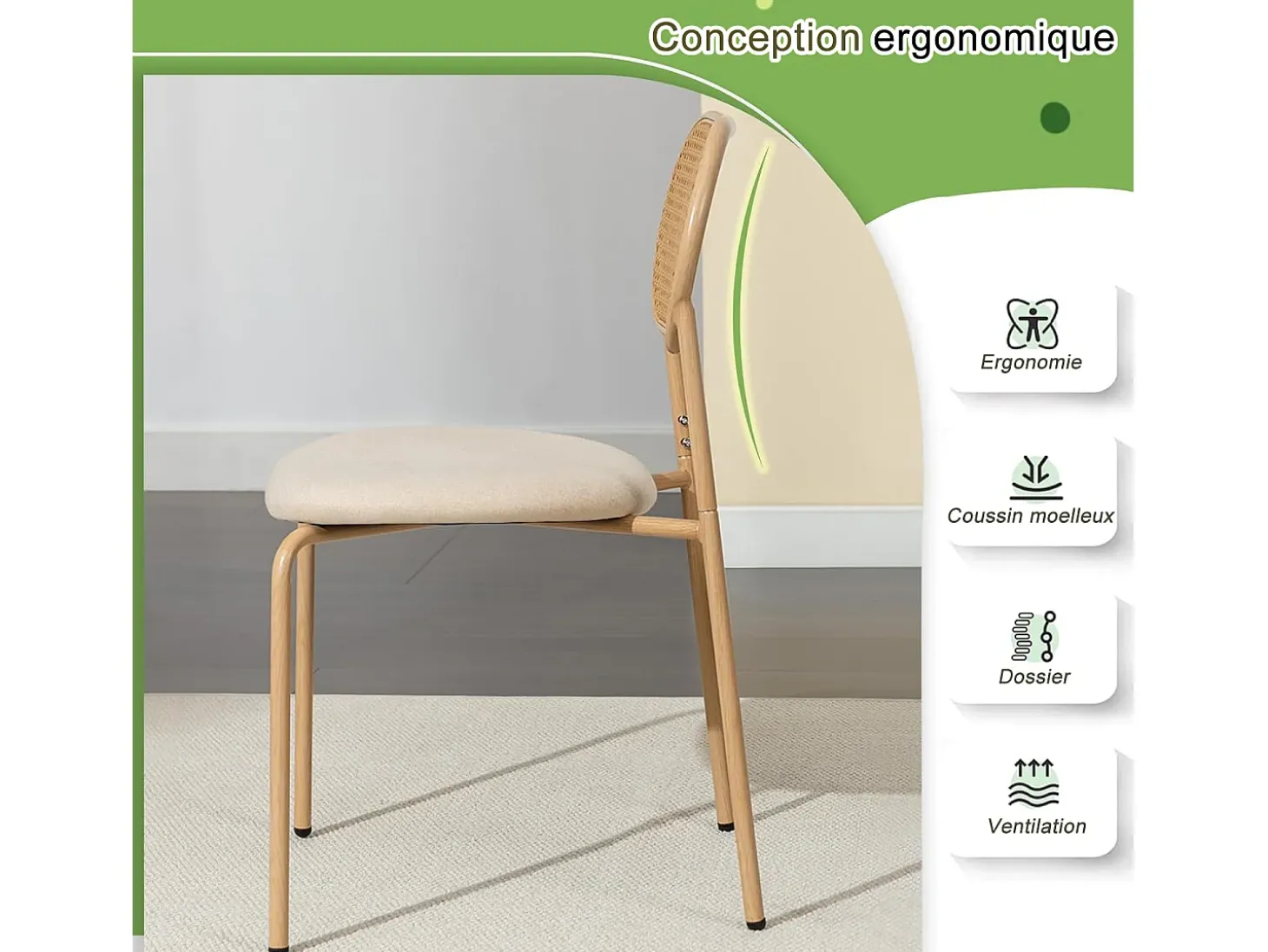 Juego de 2 sillas de cocina modernas con respaldo de ratán, patas de metal, color marrón