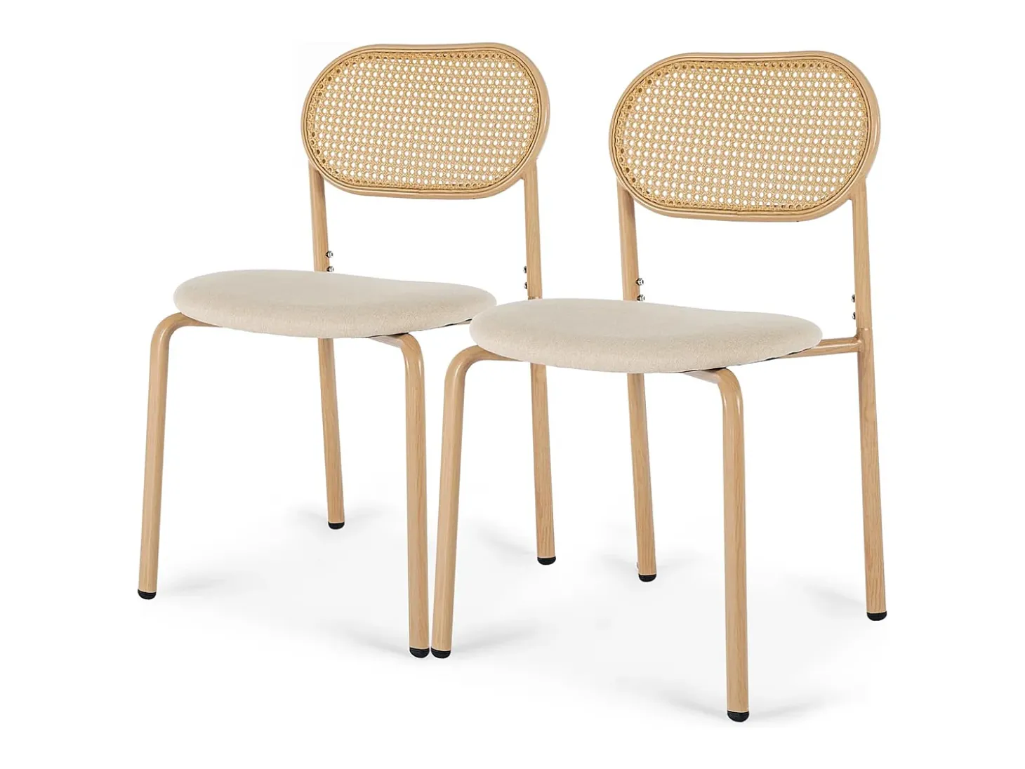 Juego de 2 sillas de cocina modernas con respaldo de ratán, patas de metal, color marrón