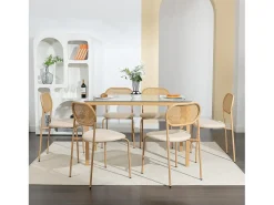 Juego de 2 sillas de cocina modernas con respaldo de ratán, patas de metal, color marrón