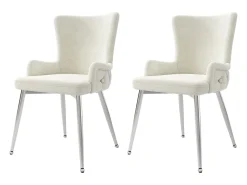 Juego de 2 sillas de cocina con reposabrazos, tela de terciopelo, patas de metal plateado, color beige.