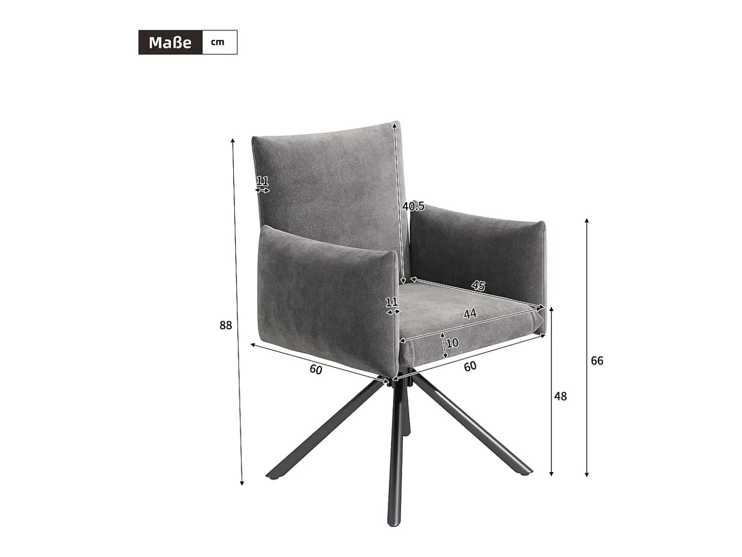 Juego de 2 sillas de cocina giratorias con reposabrazos, tela de terciopelo, patas de metal negro, gris